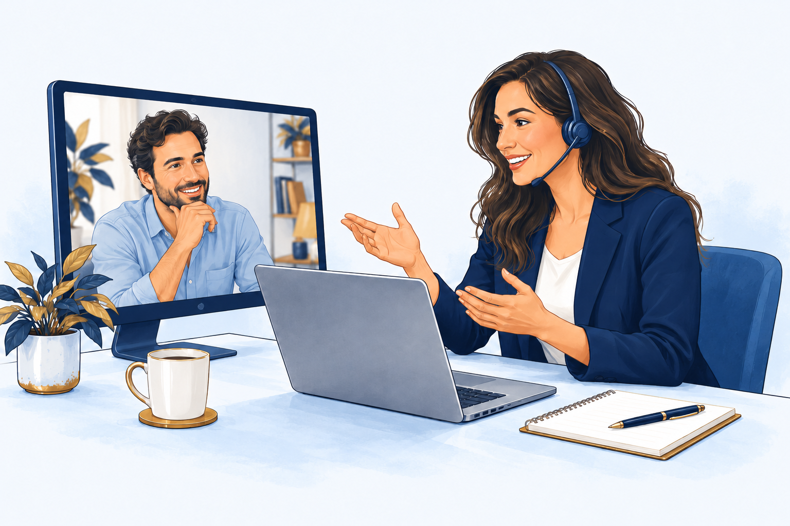 Business consultant providing friendly guidance to an entrepreneur during a video consultation