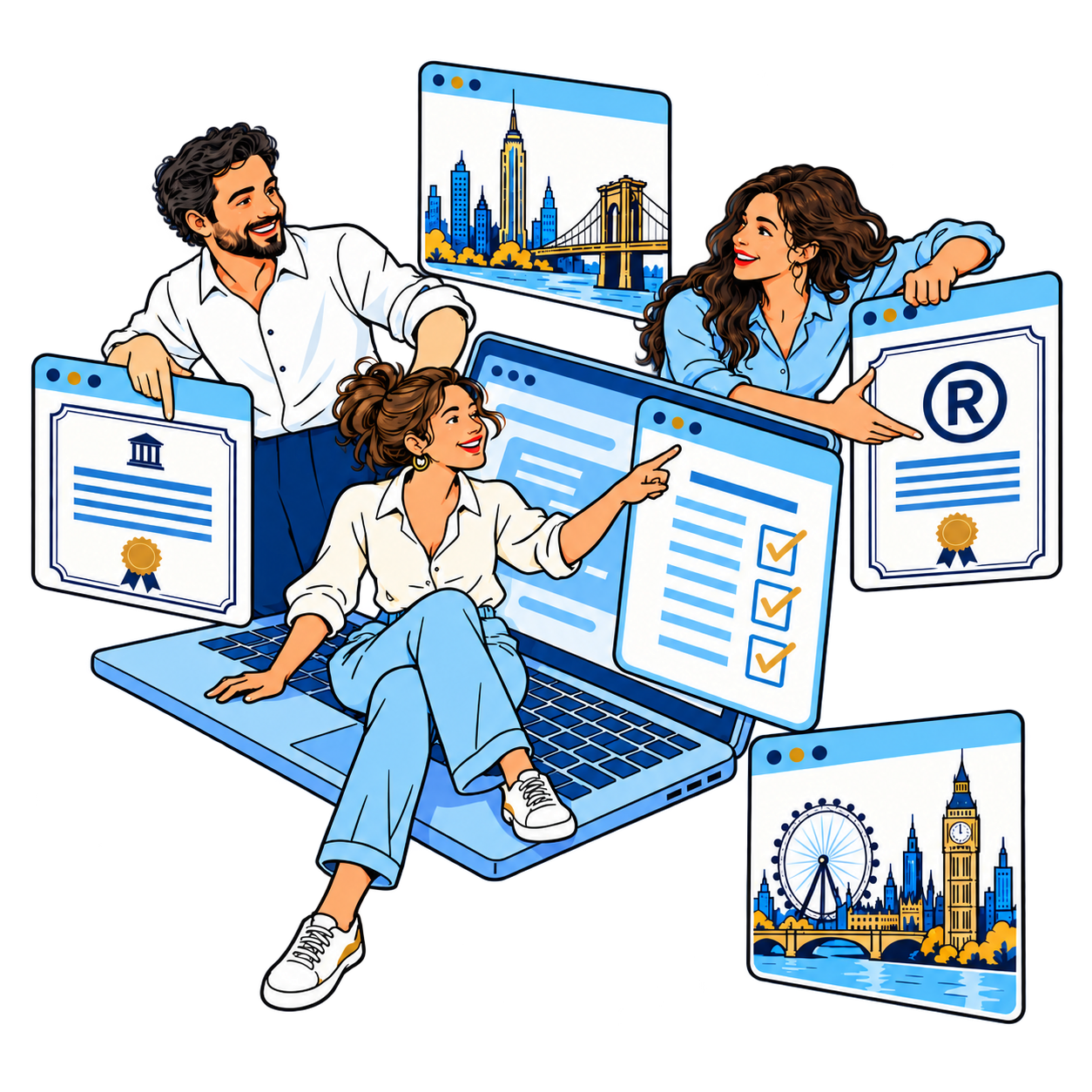 Entrepreneurs collaborating on U.S. and U.K. company formation, tax compliance and trademark registration