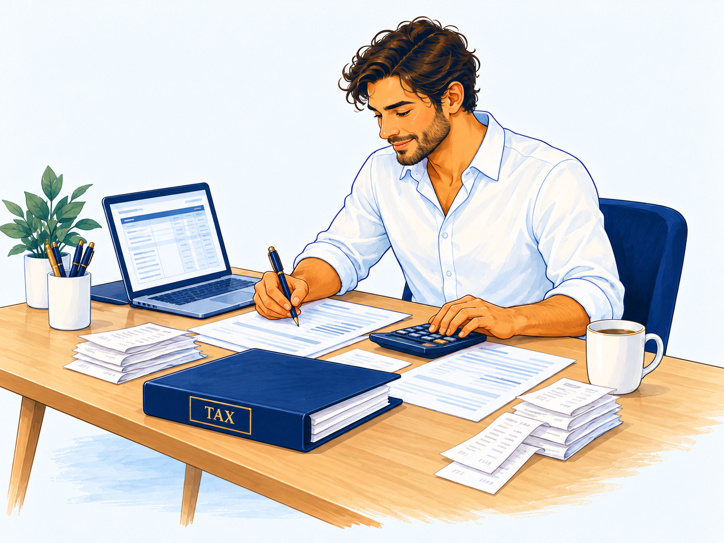 Tax professional reviewing filing documents and receipts