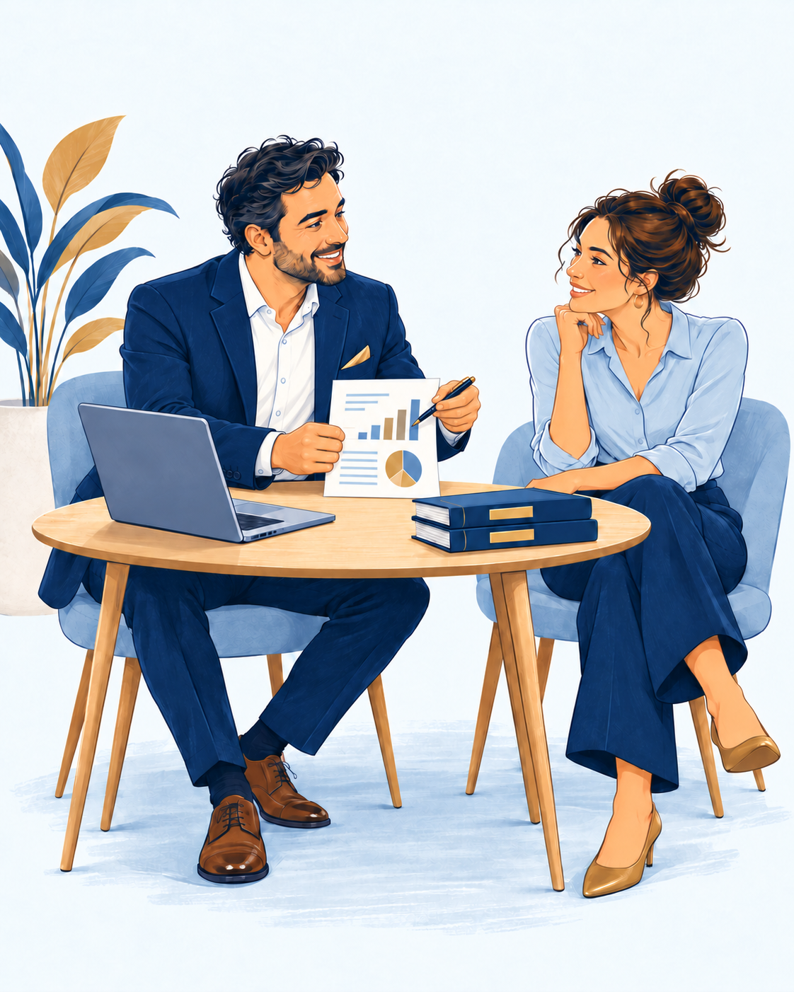 Business consultant explaining a chart to an entrepreneur during a consultation
